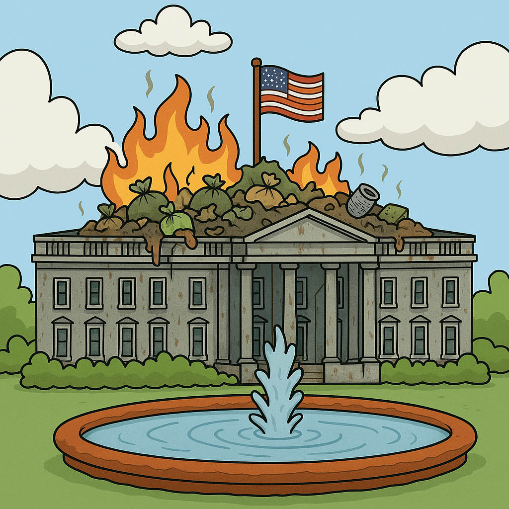 White House with trash bags on fire